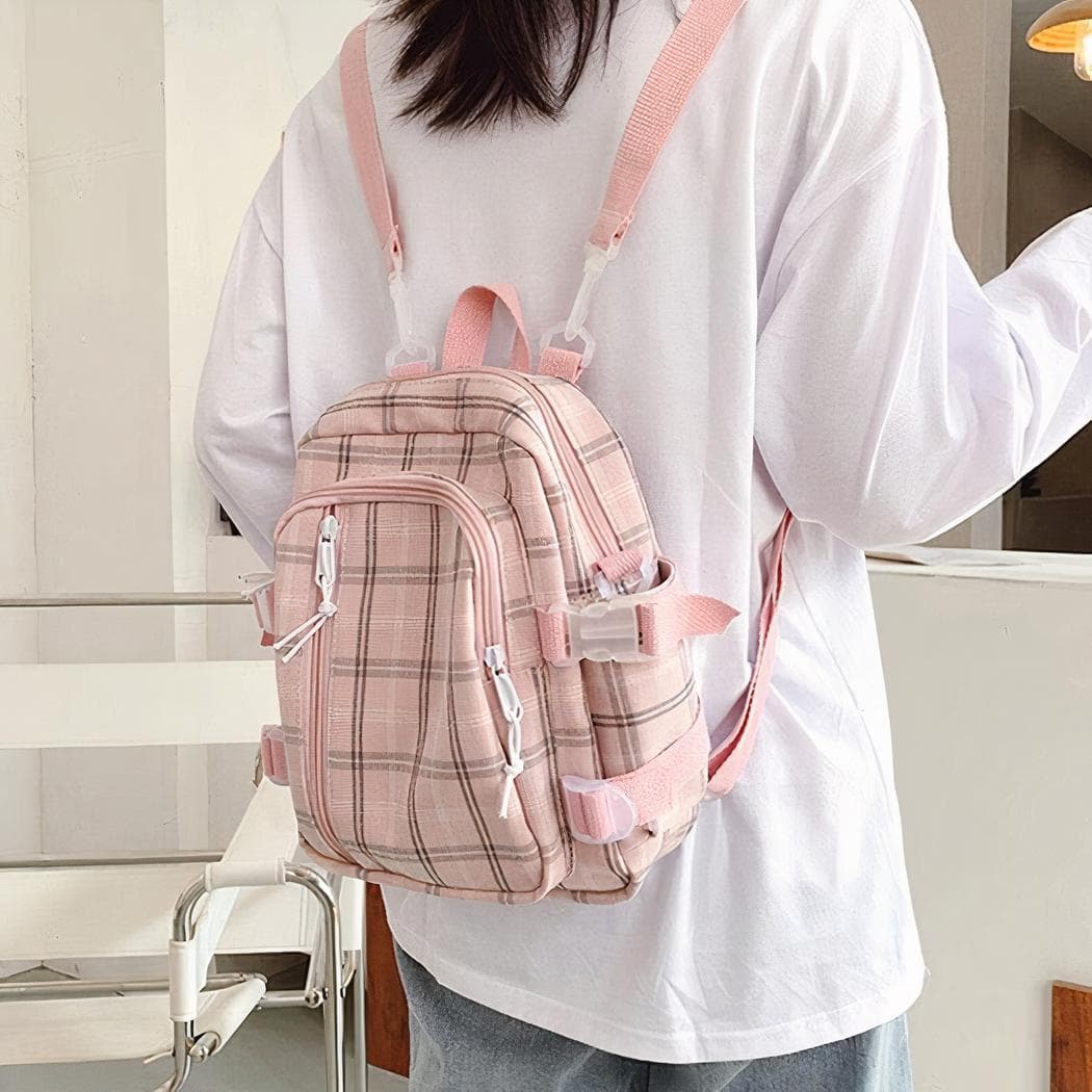 Sac à dos carreaux femme style preppy - rose