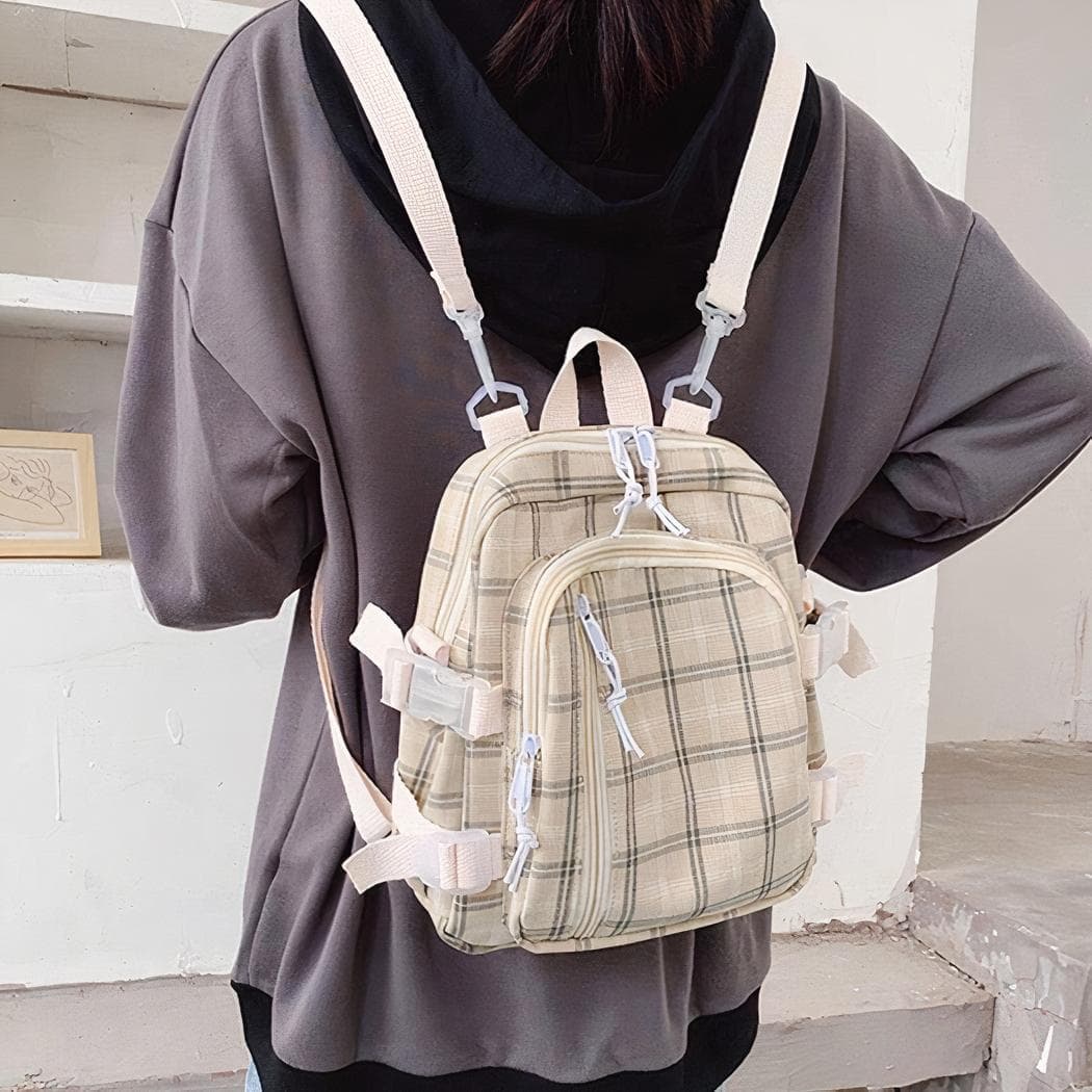 Sac à dos carreaux femme style preppy - beige