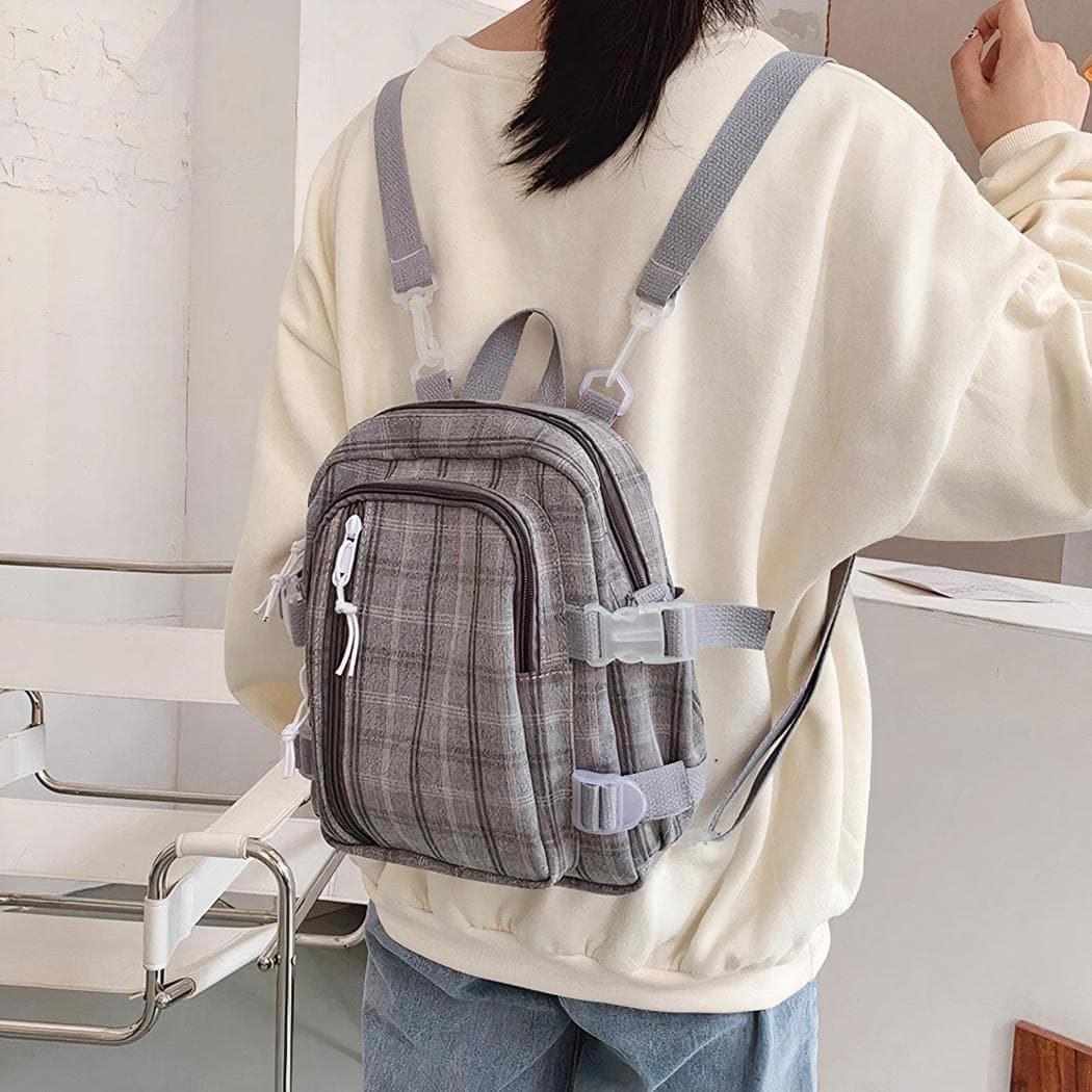 Sac à dos carreaux femme style preppy - gris