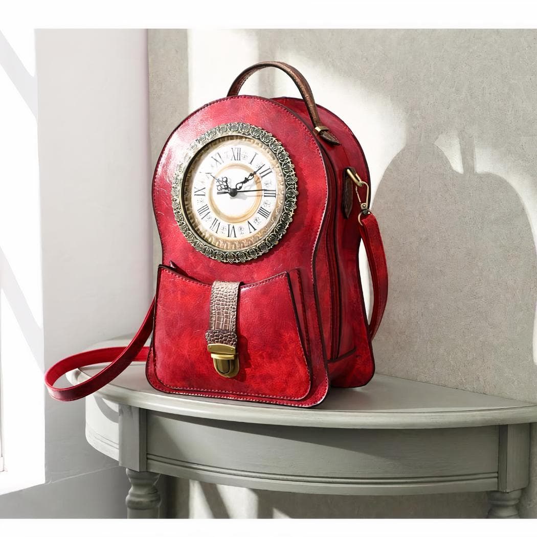 Sac à dos vintage en cuir horloge - rouge