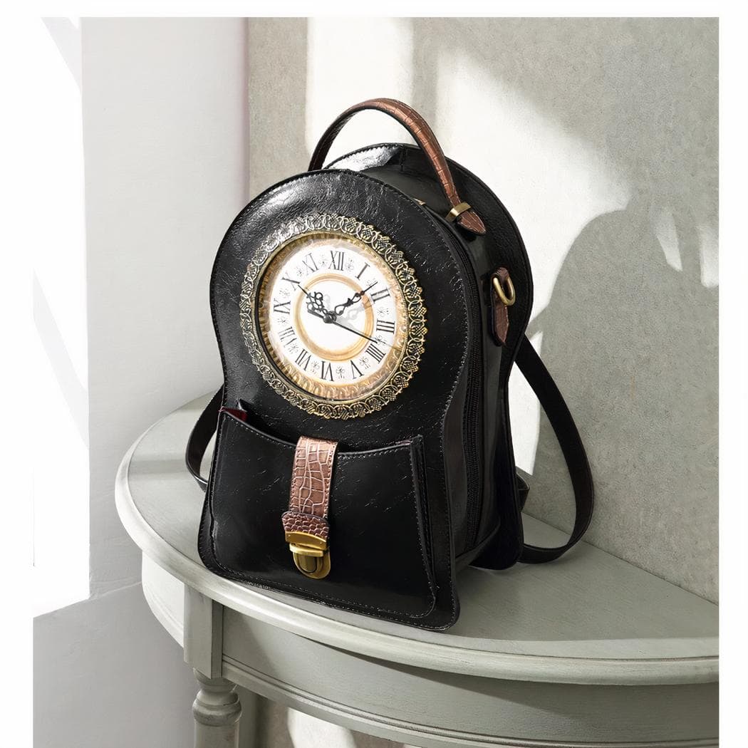 Sac à dos vintage en cuir horloge - noir