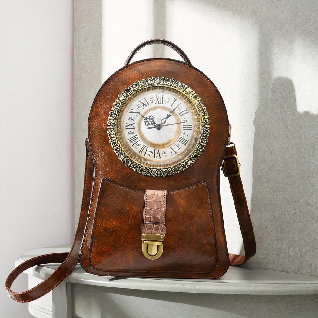 Sac à dos vintage en cuir horloge - marron