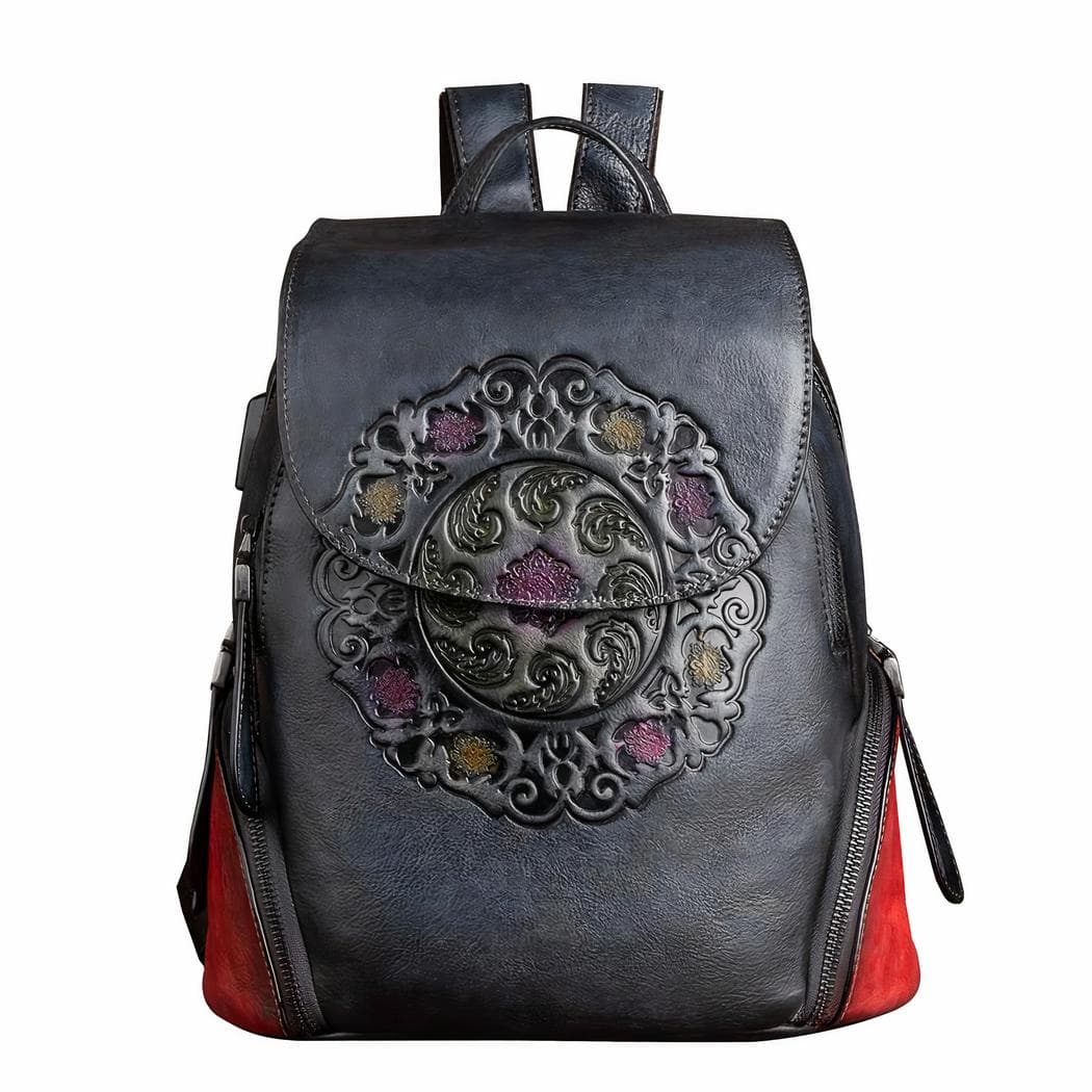 Sac à dos cuir rétro à motif floral - gris