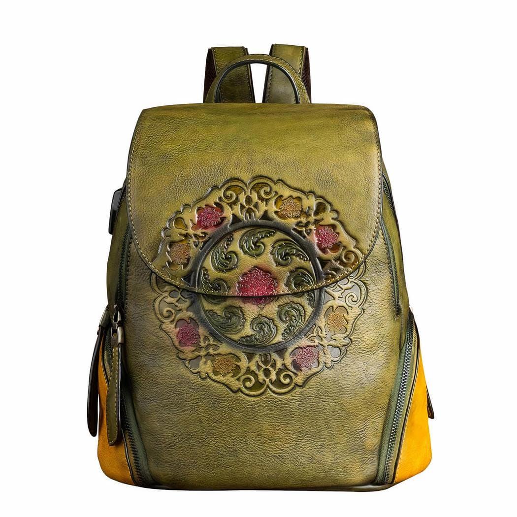 Sac à dos cuir rétro à motif floral - vert