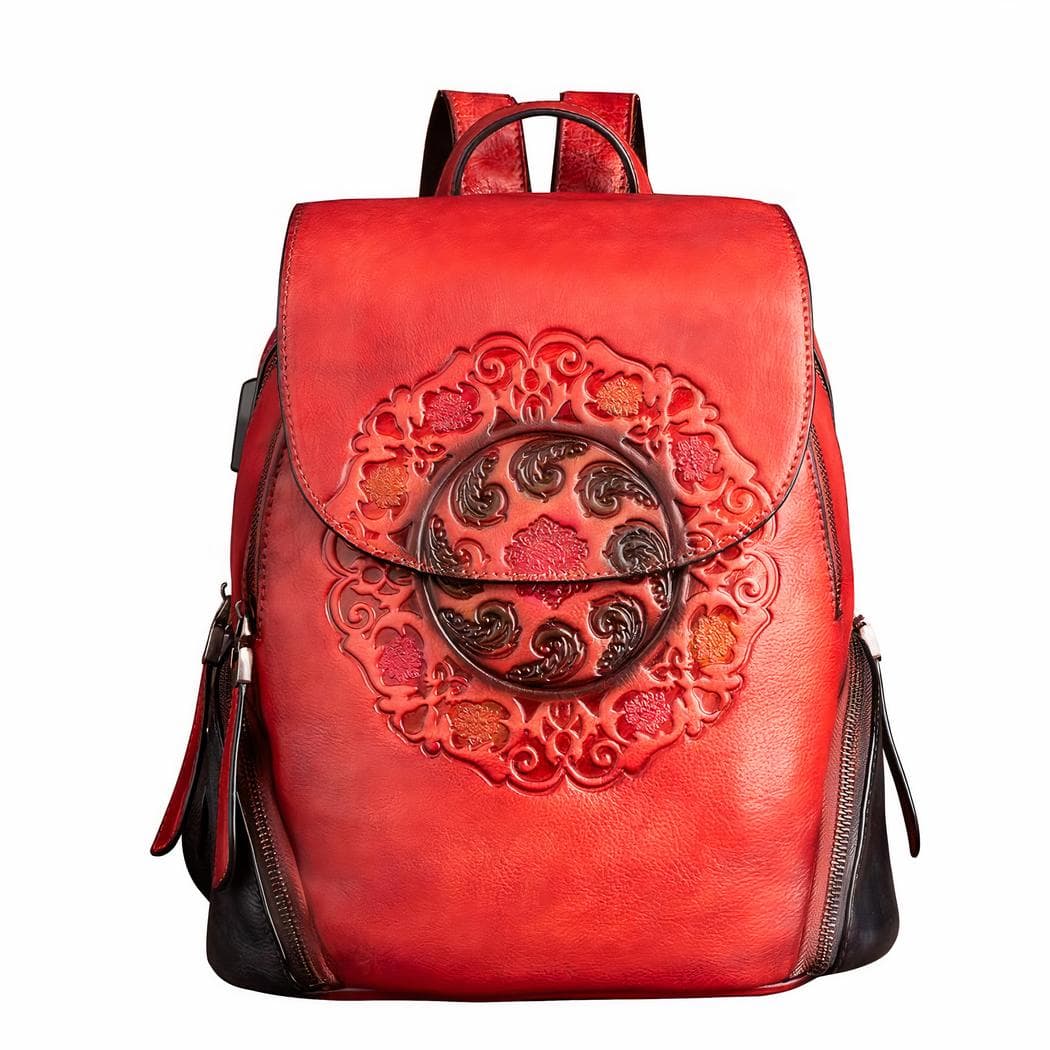 Sac à dos cuir rétro à motif floral - rouge