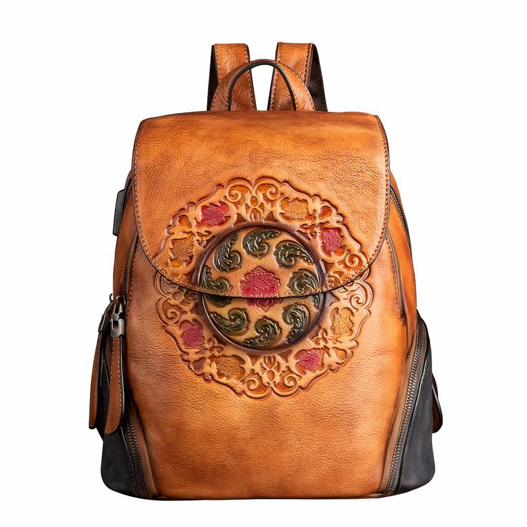 Sac à dos cuir rétro à motif floral - jaune