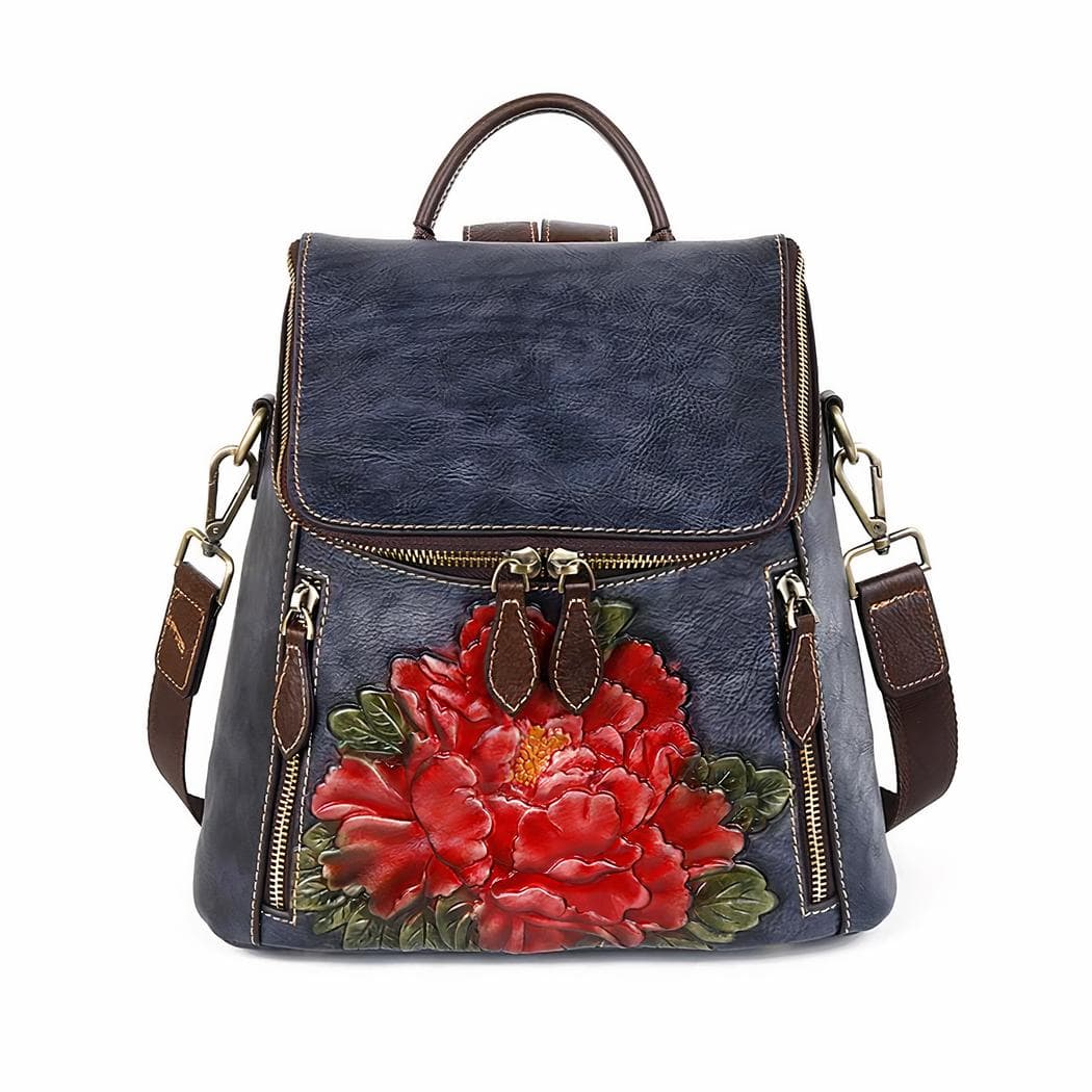 Sac à dos cuir femme à motif floral - noir