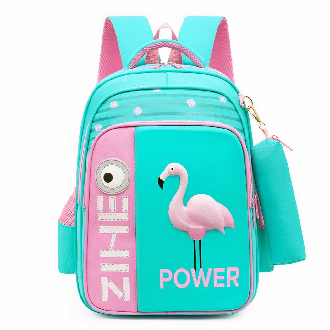 Sac à dos écolier motif flamant rose en 3D - vert