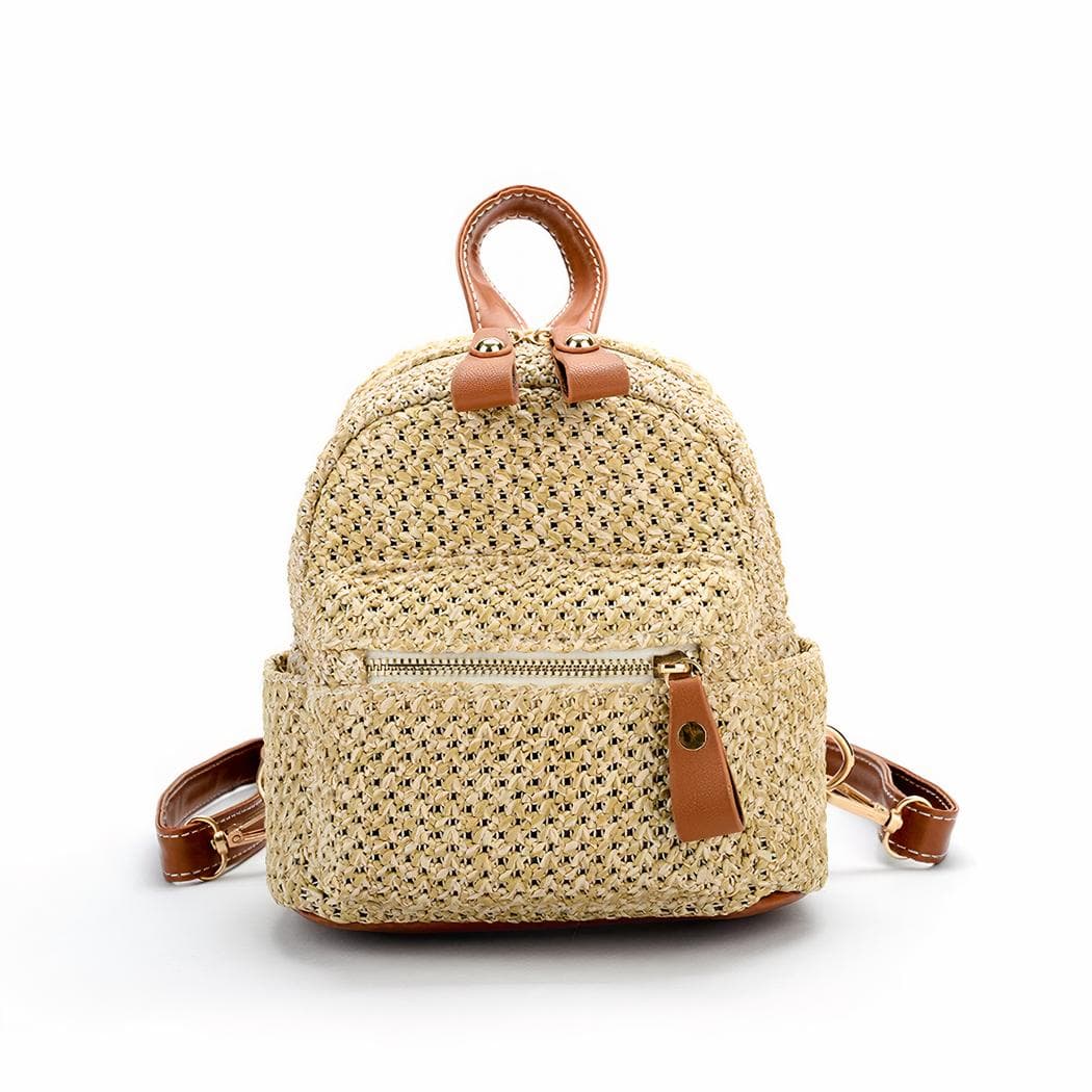 Mini sac à dos élégant en paille pour femme - beige