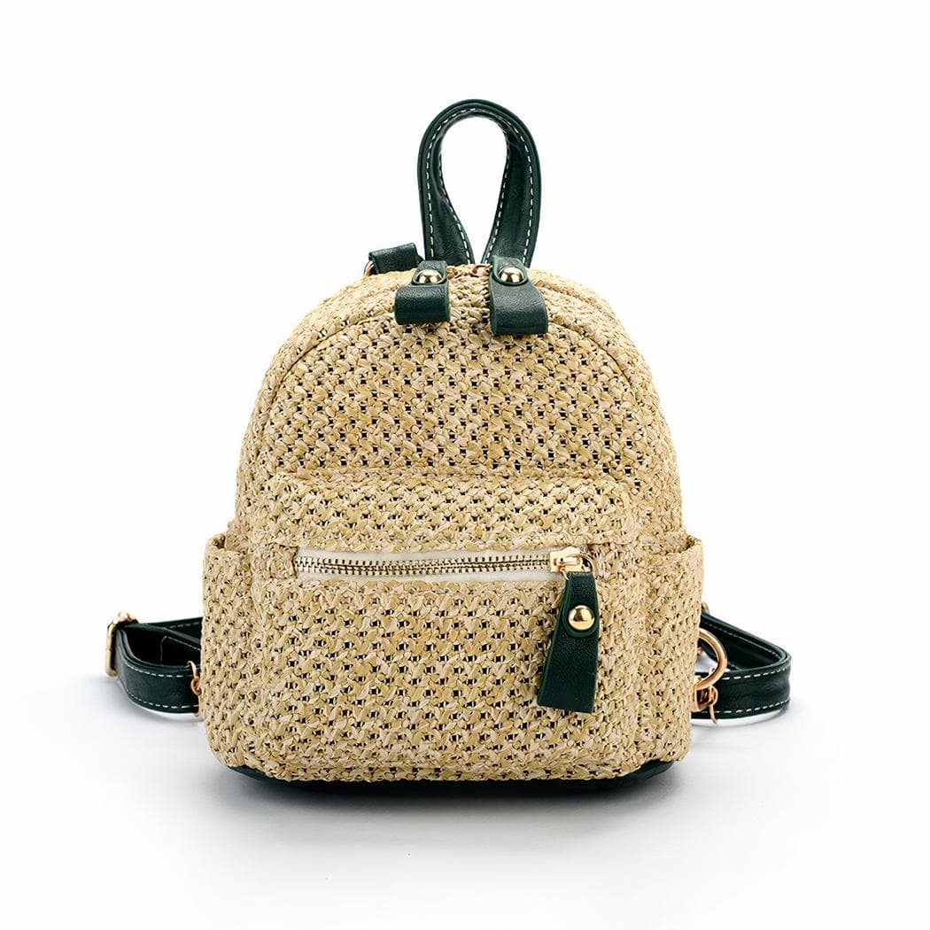 Mini sac à dos élégant en paille pour femme - khaki
