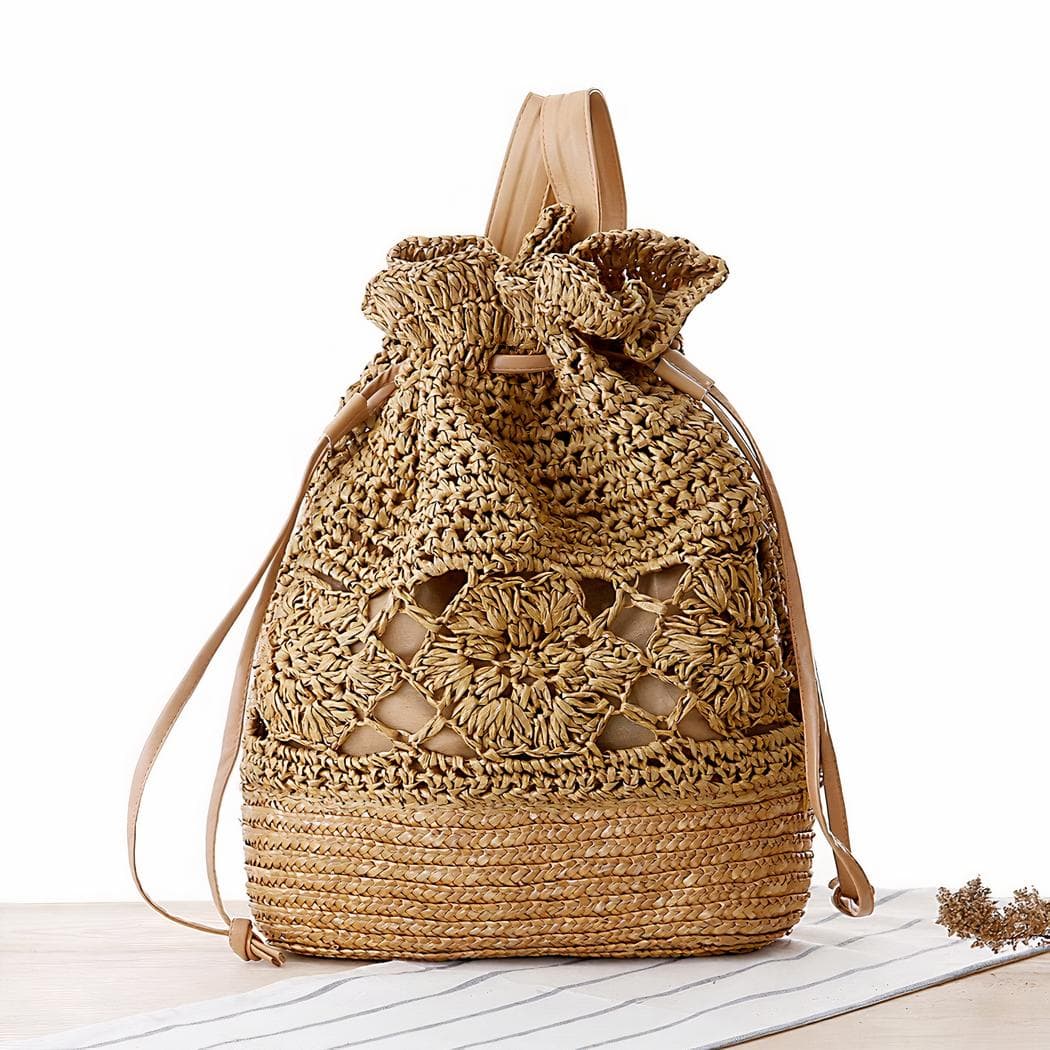 Sac à dos femme en paille à cordon coulissant - khaki