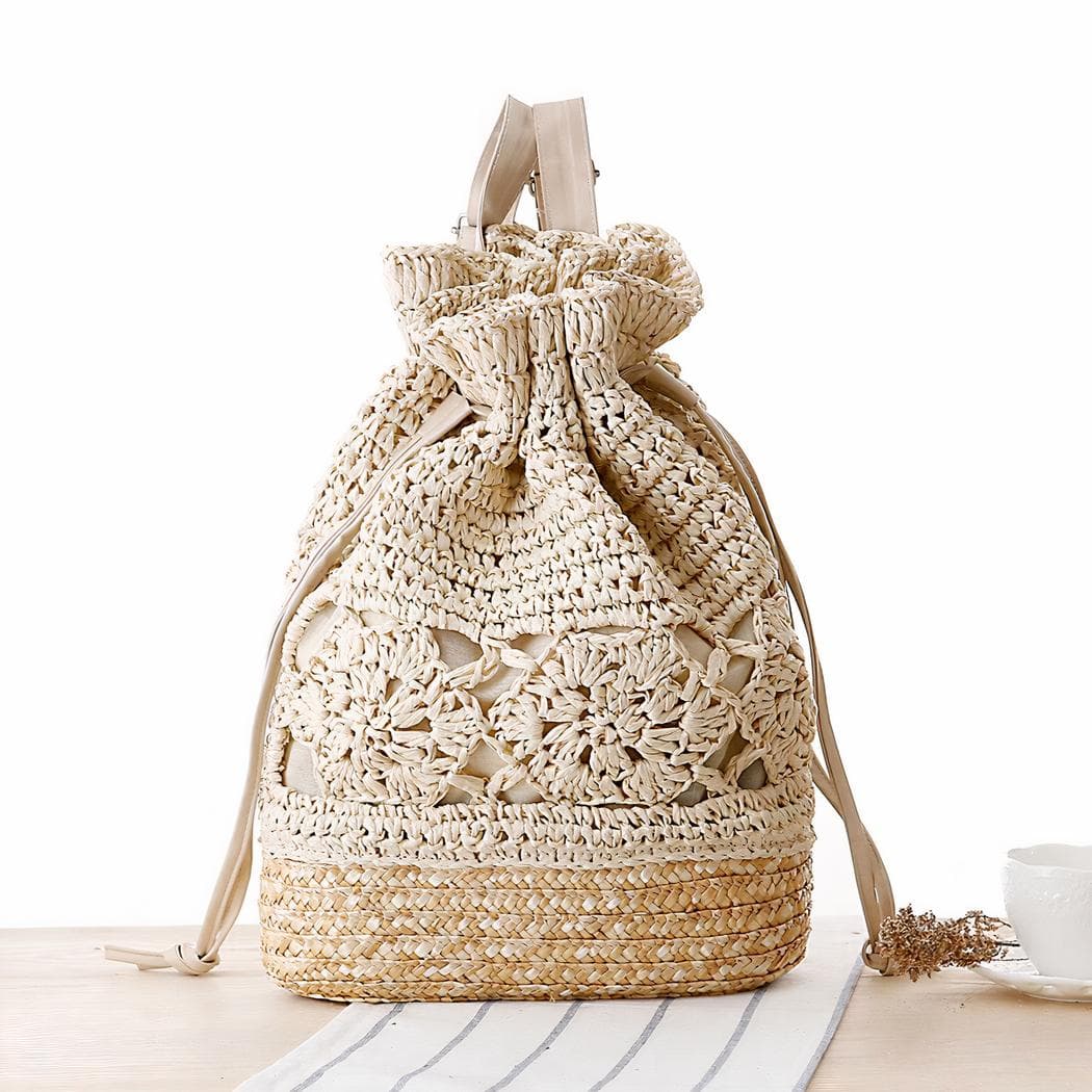 Sac à dos femme en paille à cordon coulissant - beige