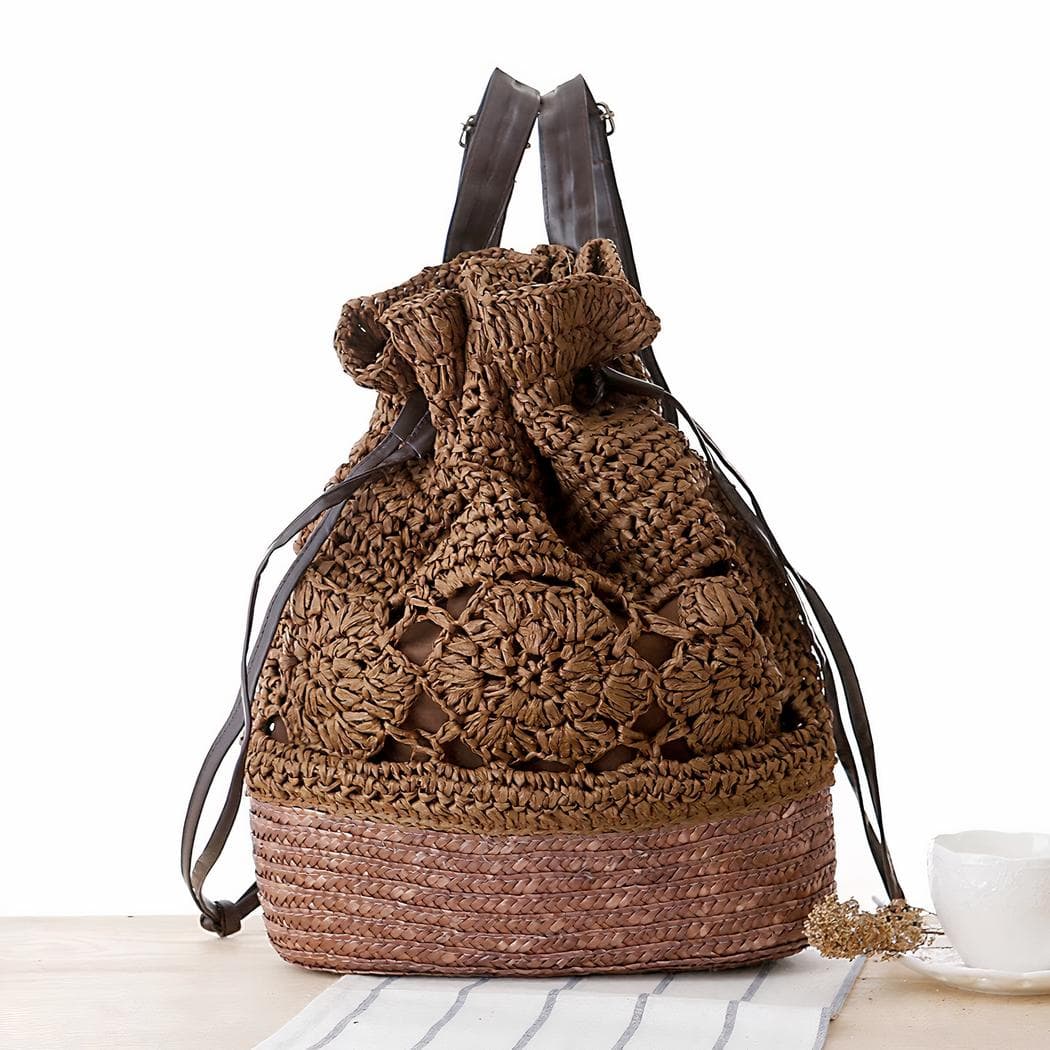 Sac à dos femme en paille à cordon coulissant - marron