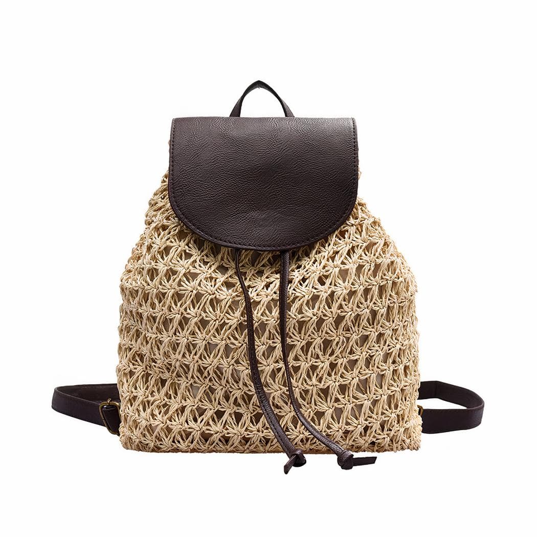 Sac à dos femme en paille avec cordon de serrage - beige