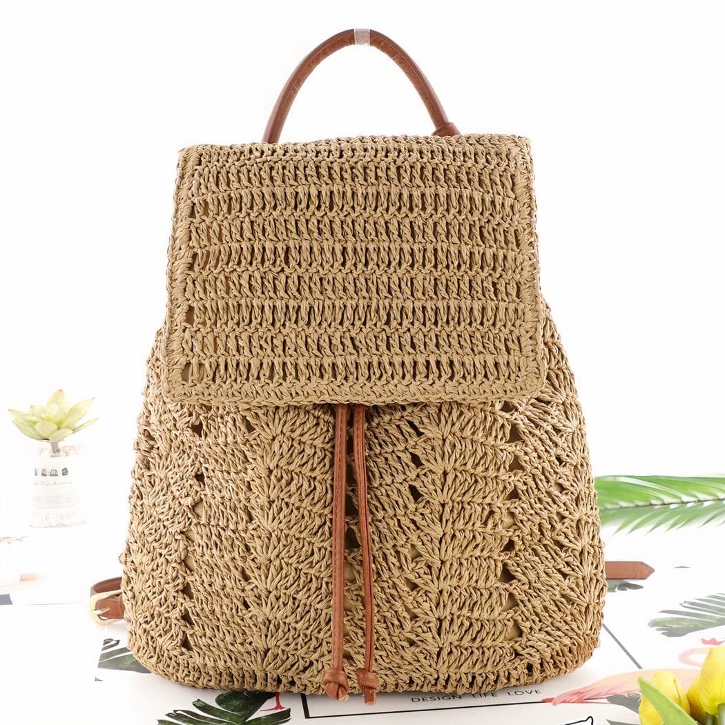 Sac à dos femme en paille tissé pour l'été - marron