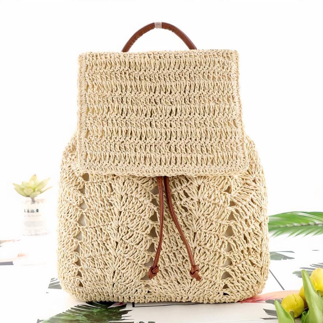 Sac à dos femme en paille tissé pour l'été - beige