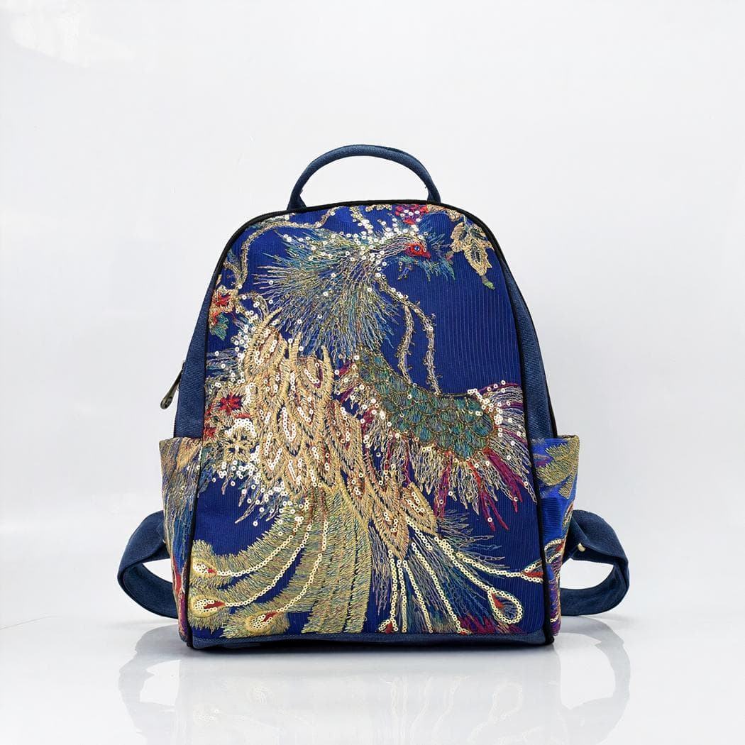 Sac à dos en soie brodé pour femme - bleu