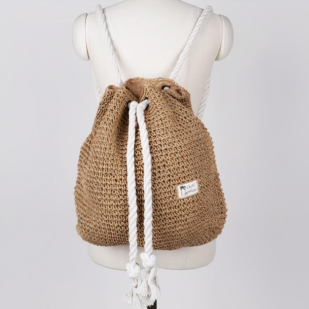 Sac à dos d'été en paille à cordon tricoté - marron