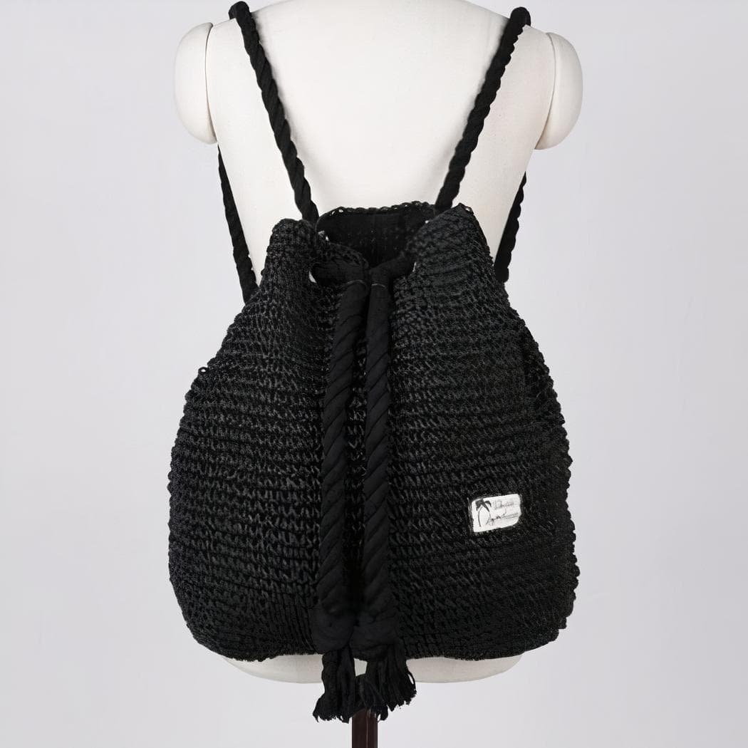 Sac à dos d'été en paille à cordon tricoté - noir