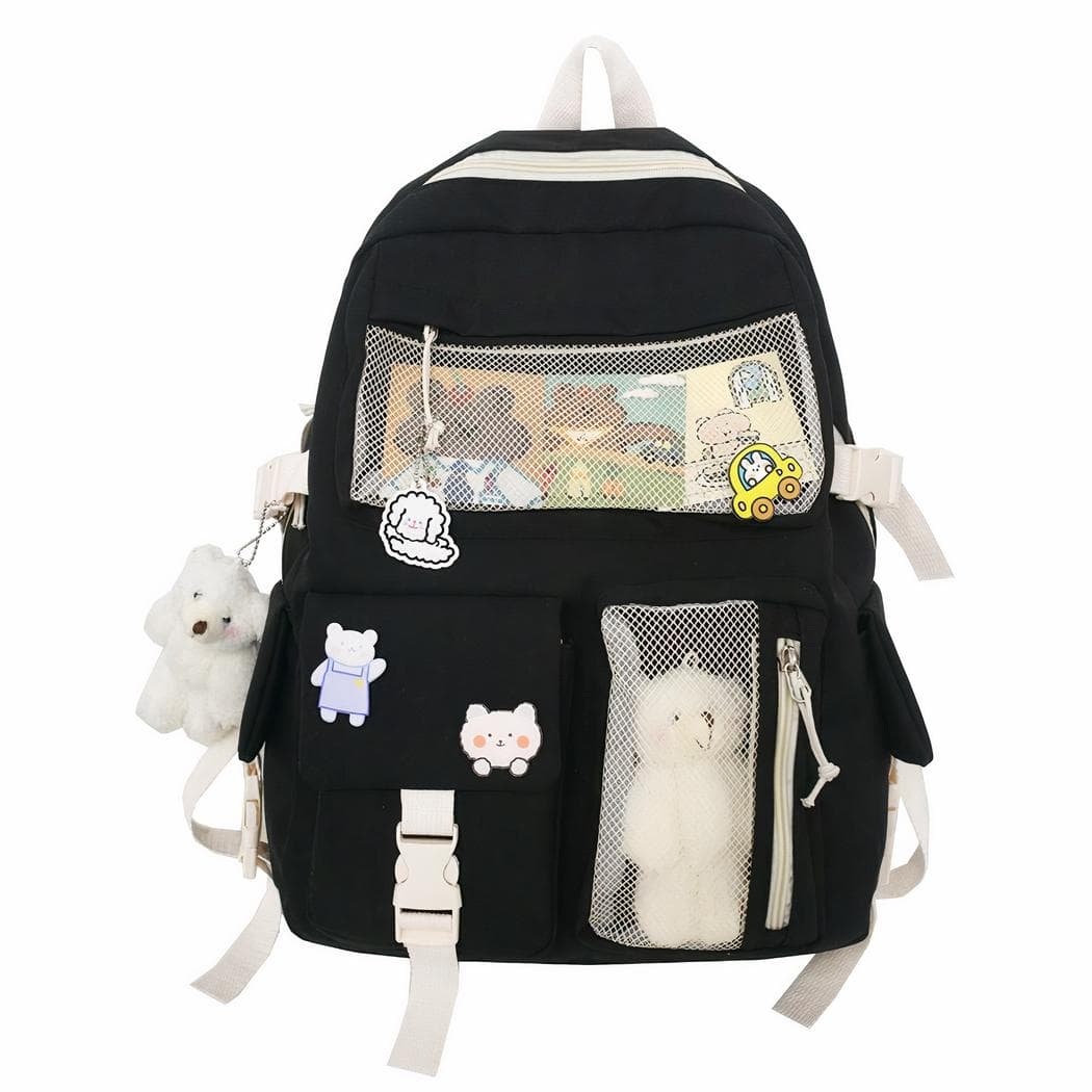 Sac à dos avec petite peluche ours pour filles - noir
