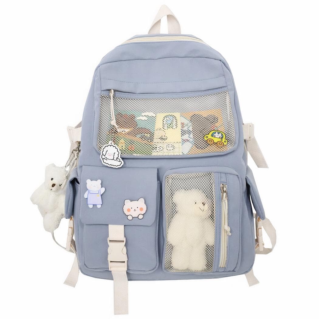 Sac à dos avec petite peluche ours pour filles - bleu