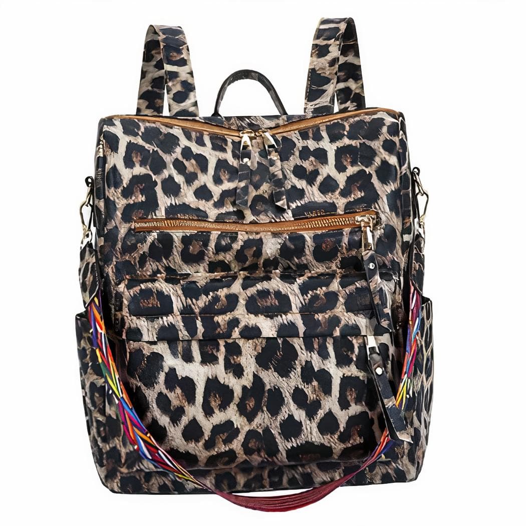 Sac à dos rétro femme motif léopard - marron