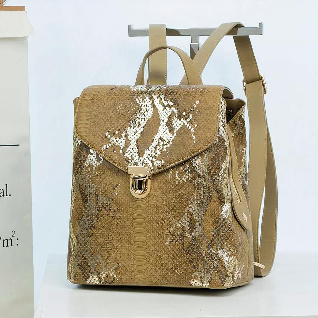 Sac à dos femme en cuir synthétique motif python - khaki