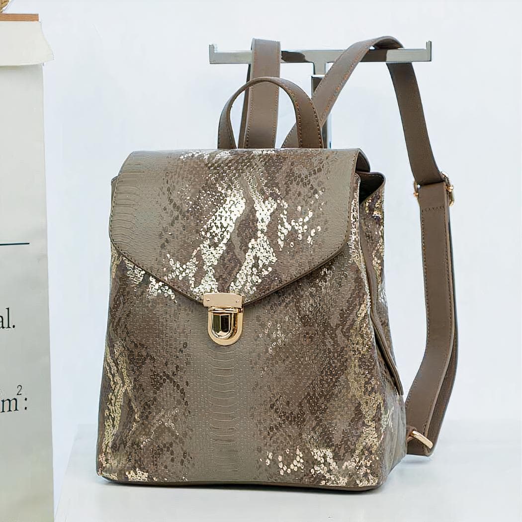 Sac à dos femme en cuir synthétique motif python - marron