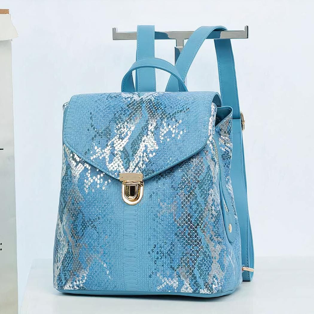 Sac à dos femme en cuir synthétique motif python - bleu