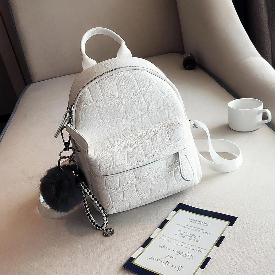 Petit sac à dos en similicuir avec pompon tout doux - blanc,m