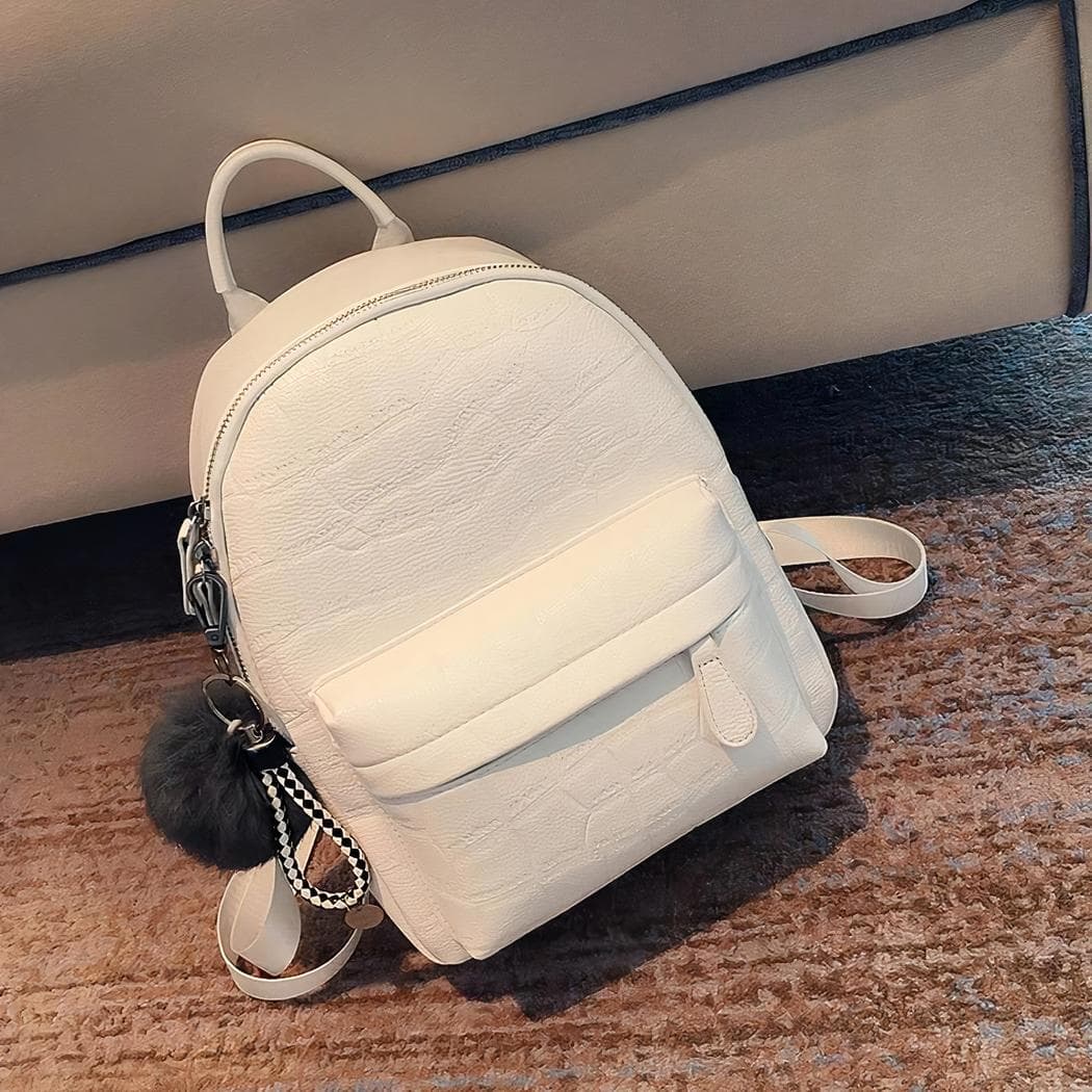 Petit sac à dos en similicuir avec pompon tout doux - blanc,s