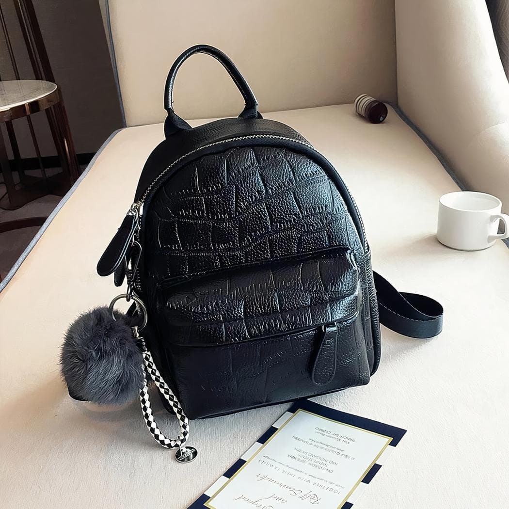 Petit sac à dos en similicuir avec pompon tout doux - noir,m