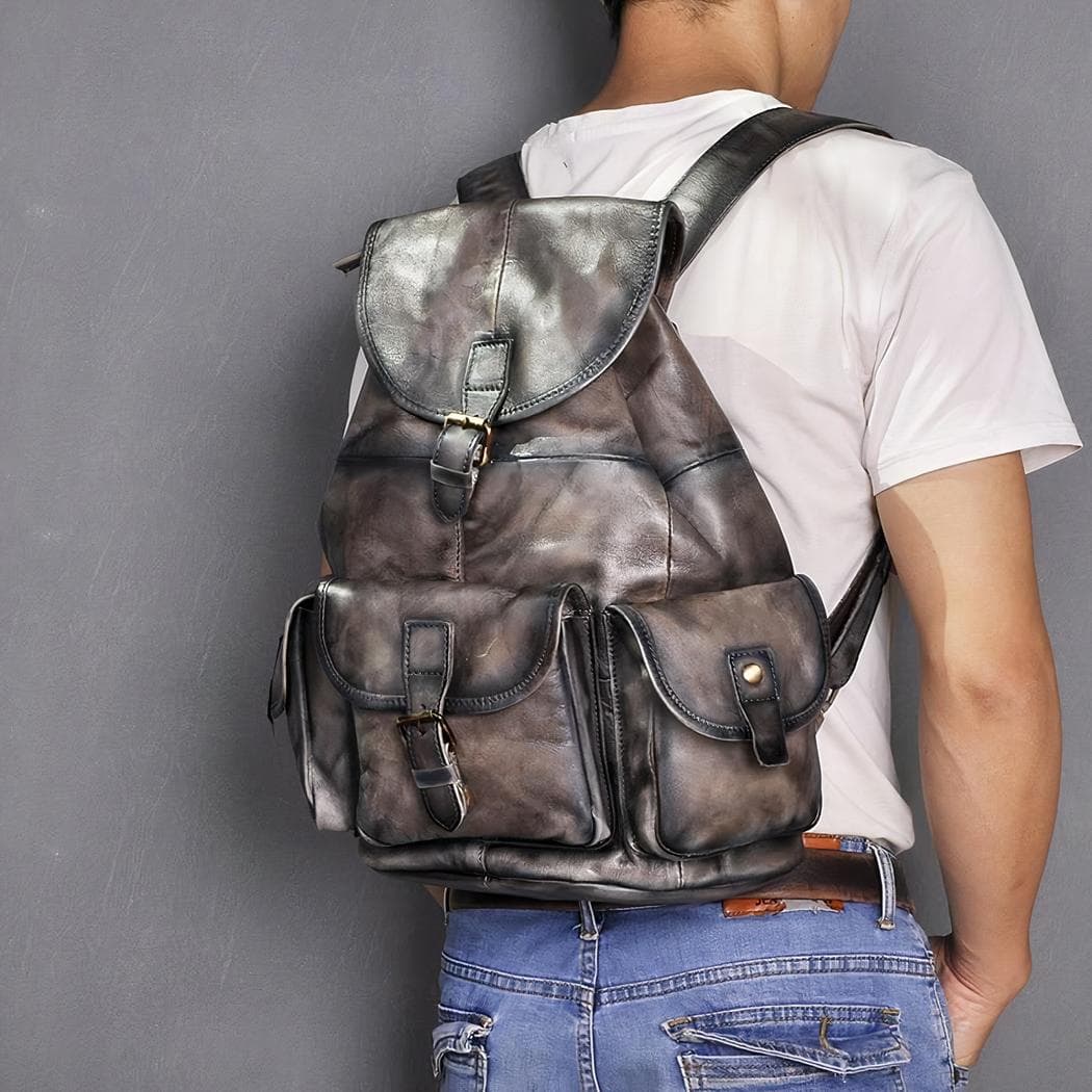 Sac à dos en cuir vintage multipoche - argente