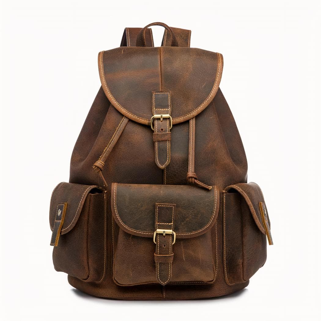 Sac à dos en cuir vintage multipoche - marron