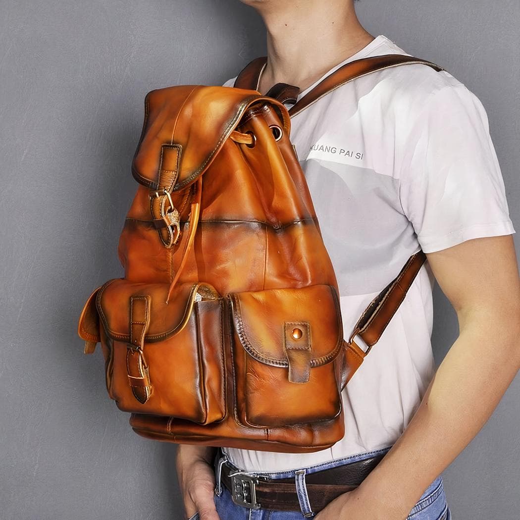 Sac à dos en cuir vintage multipoche - orange
