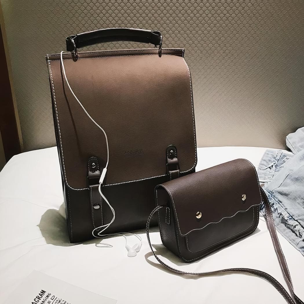 Ensemble 2 pièces sac à dos femme en similicuir - marron