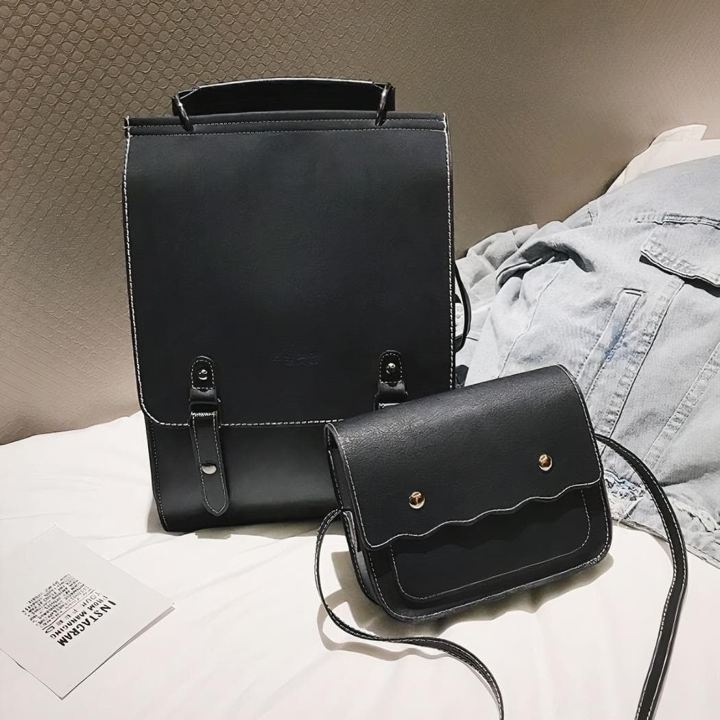 Ensemble 2 pièces sac à dos femme en similicuir - noir