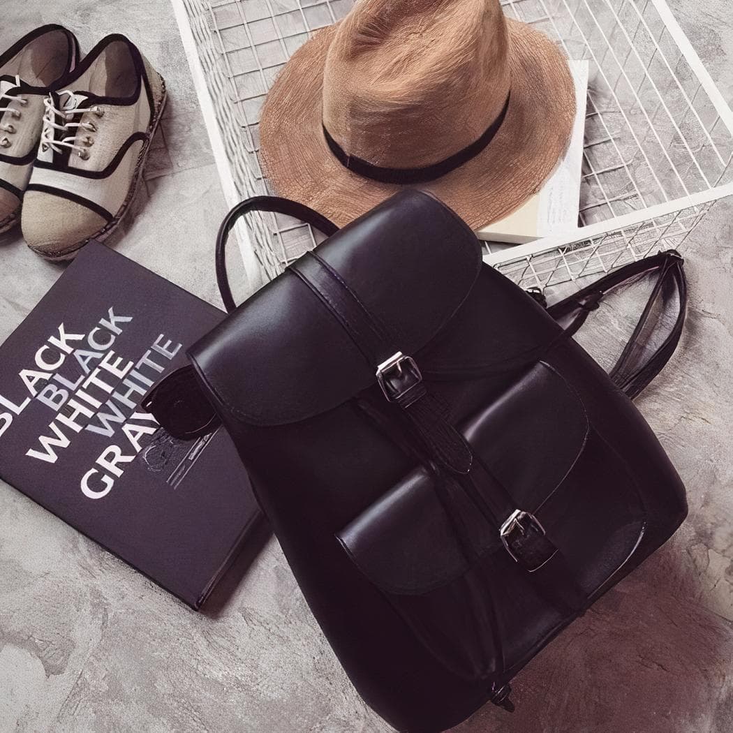 Sac à dos rétro en cuir synthétique pour femme - noir