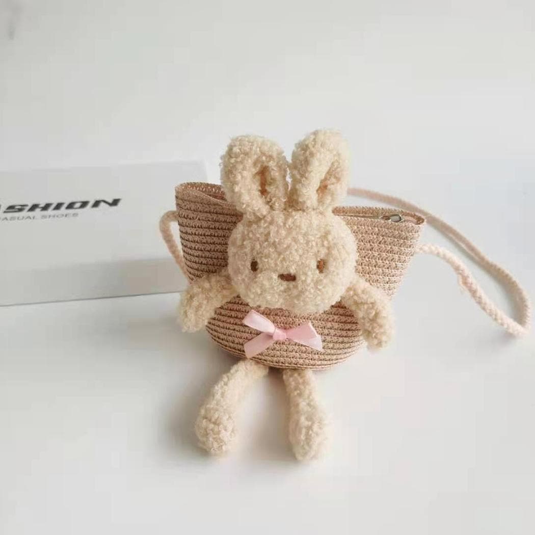 Sac à bandoulière en paille colorée avec lapin - bleu