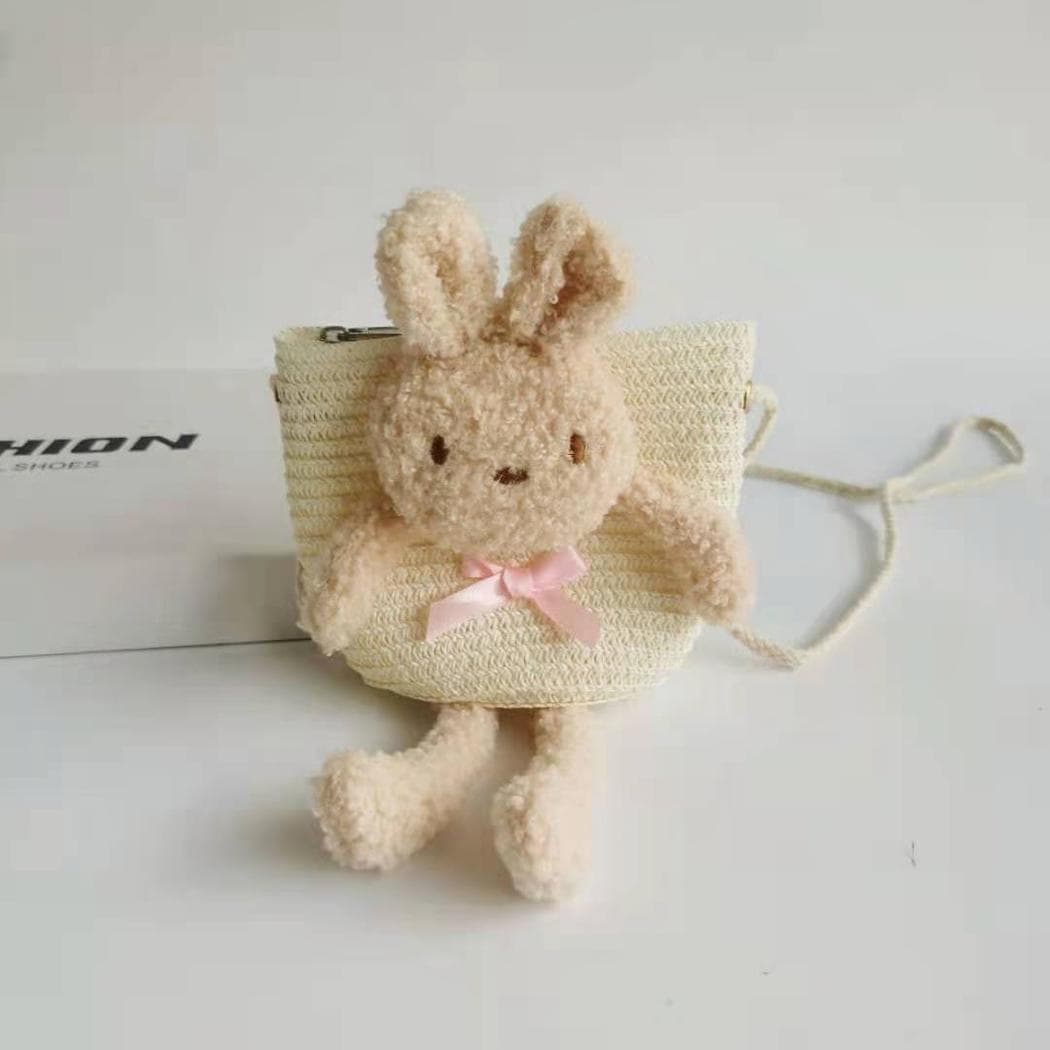 Sac à bandoulière en paille colorée avec lapin - blanc