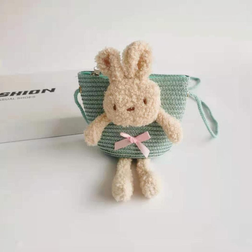 Sac à bandoulière en paille colorée avec lapin - vert