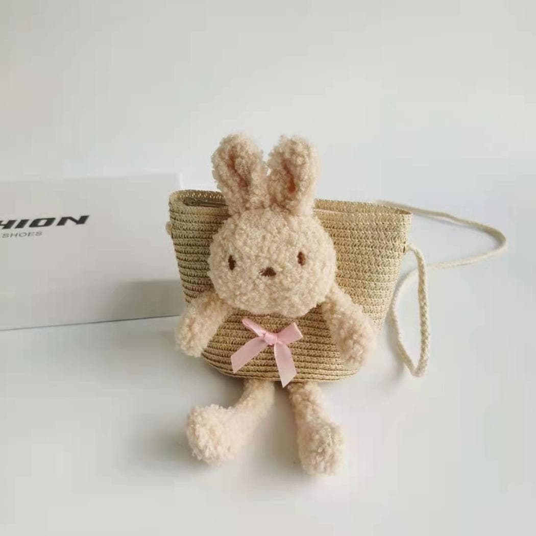 Sac à bandoulière en paille colorée avec lapin - beige