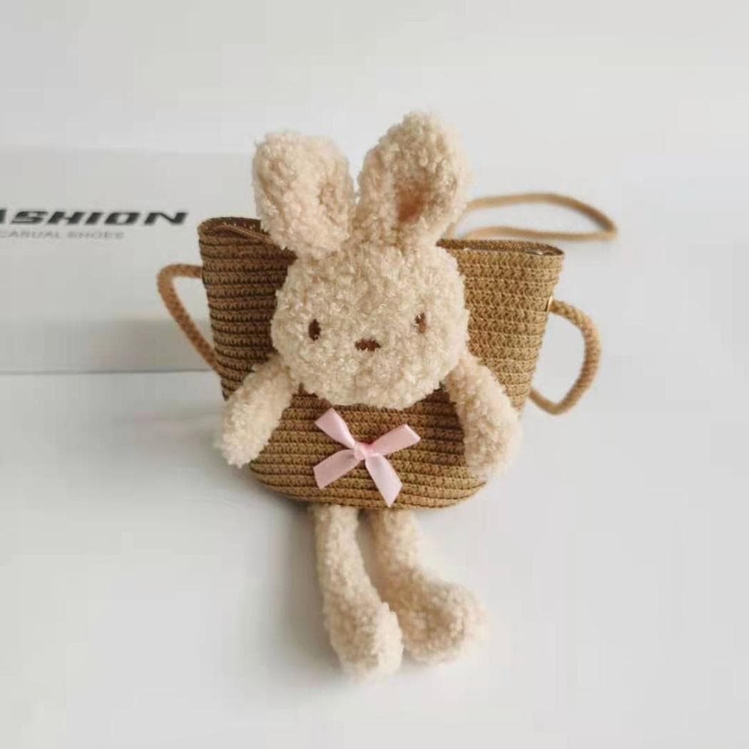 Sac à bandoulière en paille colorée avec lapin - marron