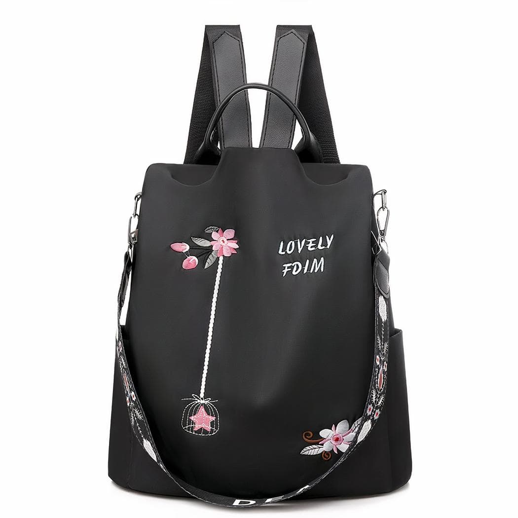 Sac à dos brodé fleurs pour femme - noir
