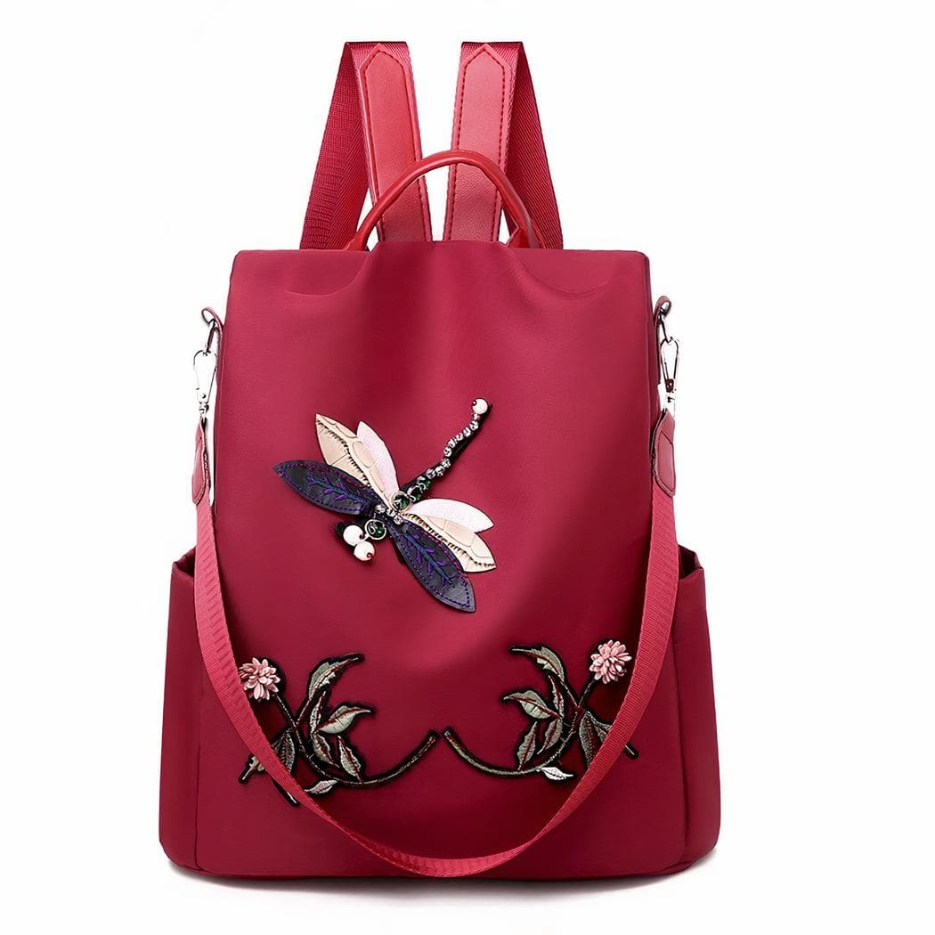 Sac à dos brodé motif fleur et papillon pour femme - rouge