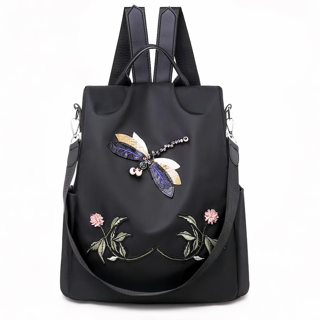Sac à dos brodé motif fleur et papillon pour femme - noir