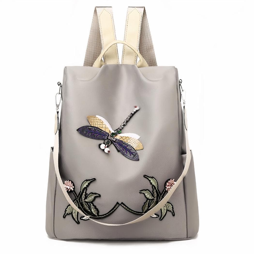 Sac à dos brodé motif fleur et papillon pour femme - gris