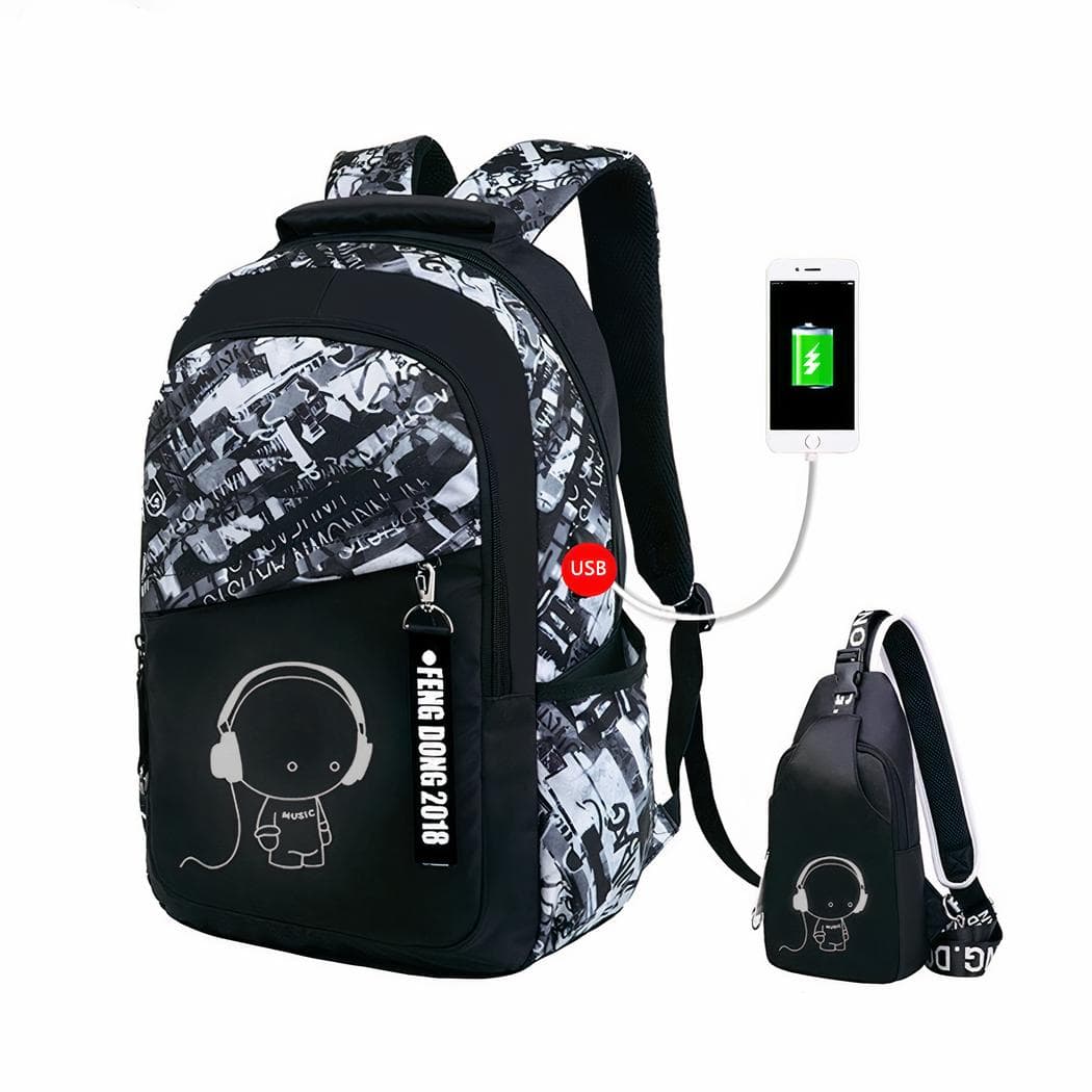 Sac à dos avec motifs graffiti et port USB pour garçon - noir