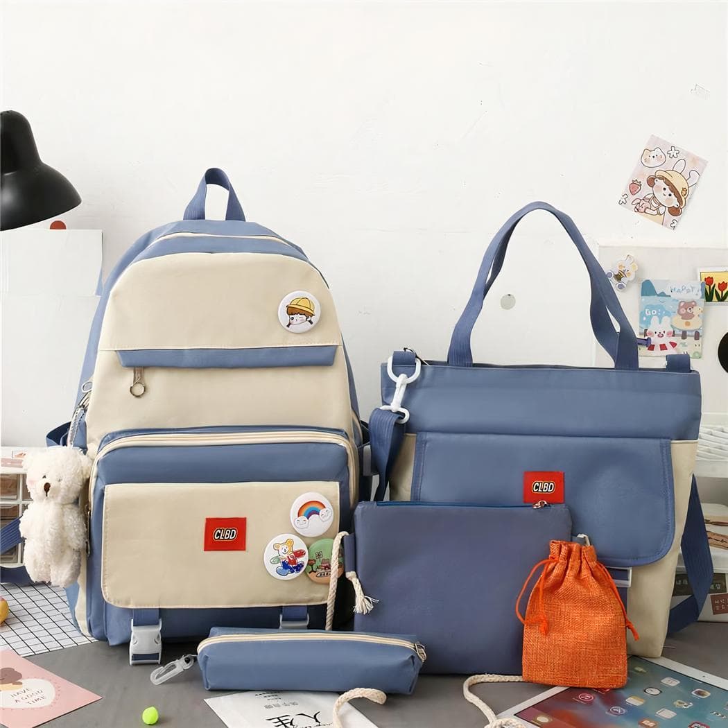 Sac à dos 5 pièces bicolore avec peluche ours - bleu