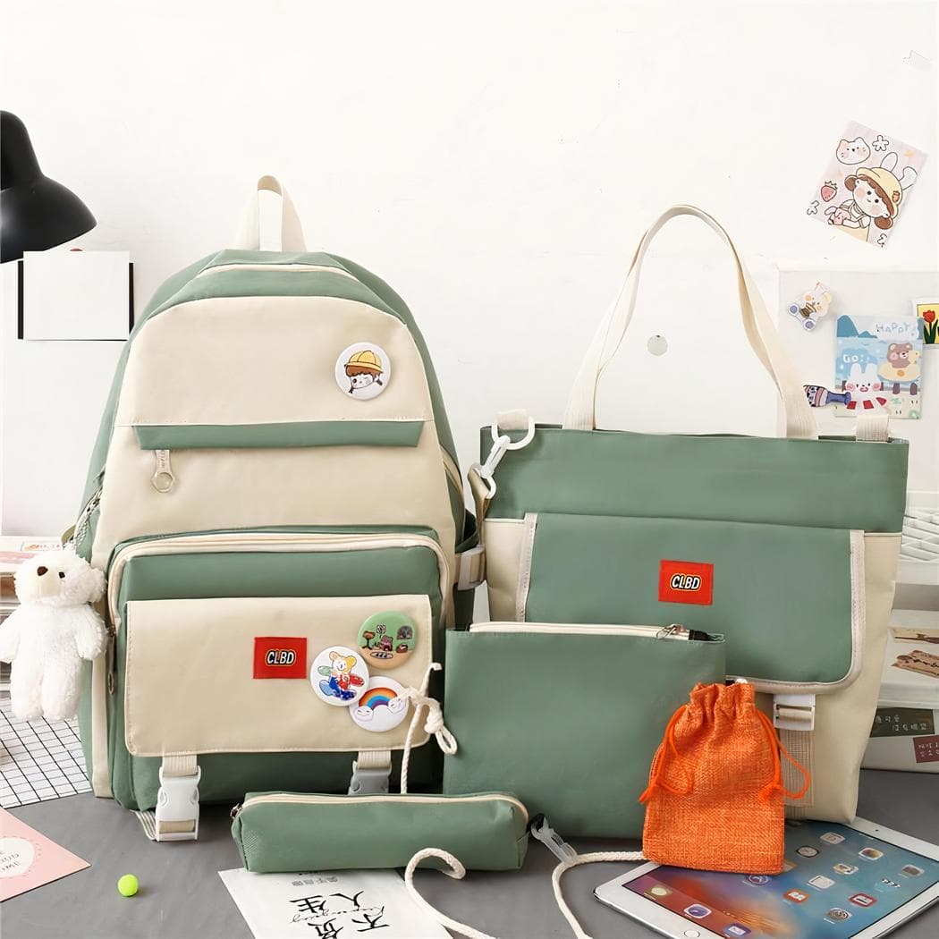 Sac à dos 5 pièces bicolore avec peluche ours - vert